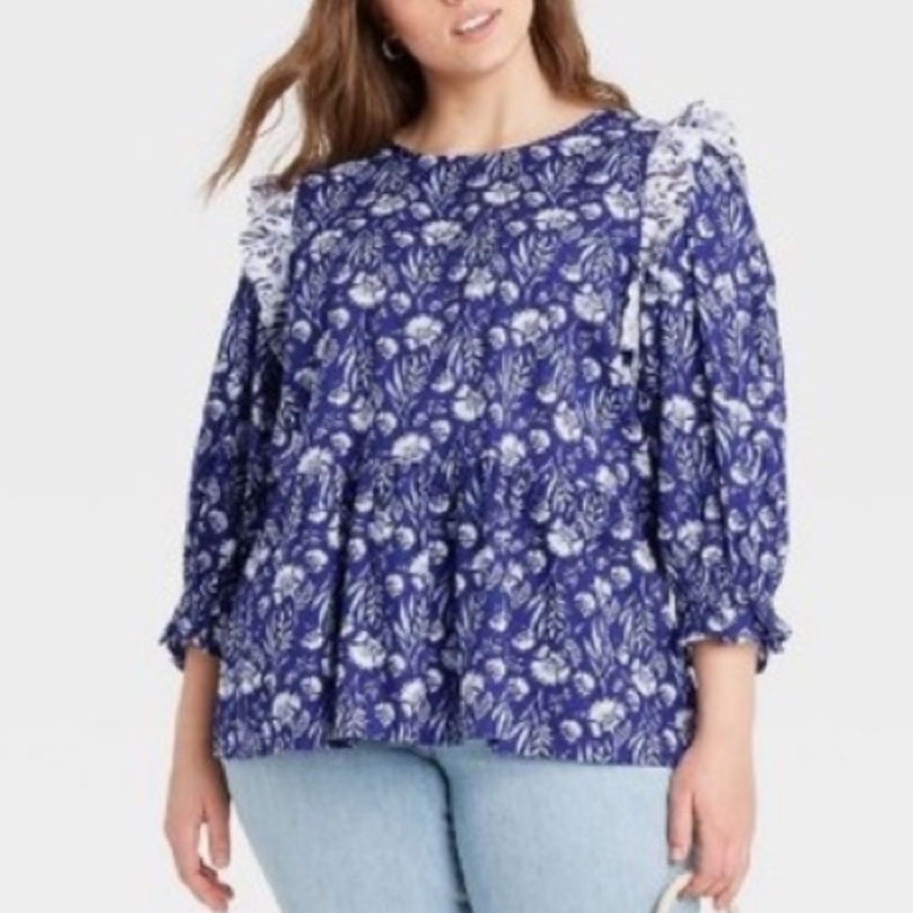 Universal Thread Blue Floral Ruffle Cotton Top‎ - Picture 13 of 13